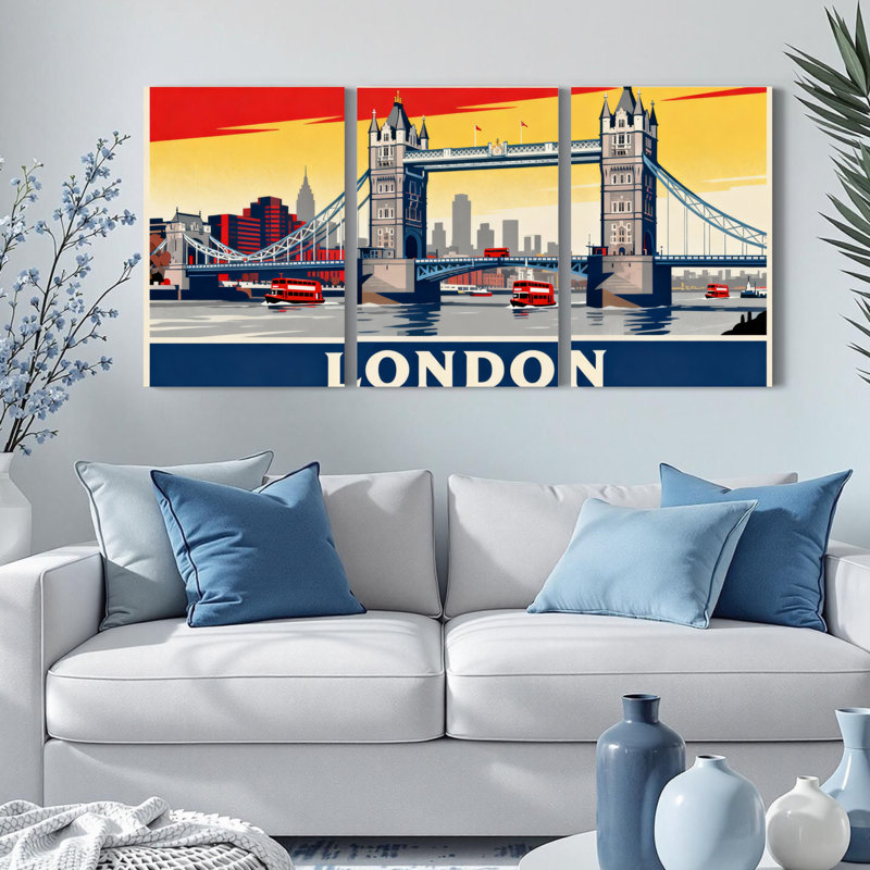 Ensemble de 3 tableaux sur toile de style vintage représentant le Tower Bridge de Londres, H 24 po x l 48 po