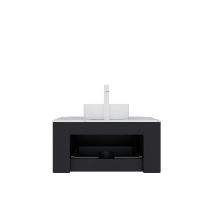 Meuble-lavabo de salle de bain avec lavabo, armoire de rangement de salle de bain moderne à bordures courbes et flottantes avec tiroir, lavabo rond en céramique blanc sans robinet, pré-assemblé