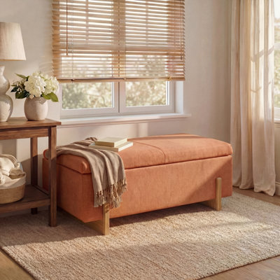 Modern Contemporary Upholstered Storage Ottoman with Lift-Top Lid and Solid Wood Legs