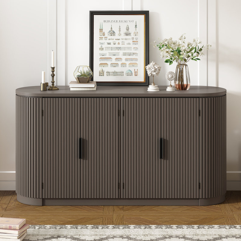 Storage Cabinet With Metal Handles And Vertical Striped Door, Brown
