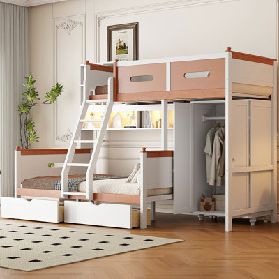 Lit superposé simple au-dessus d'un lit double avec tablettes éclairées à DEL, finition blanche, détails oranges, convient à un décor de chambre à coucher