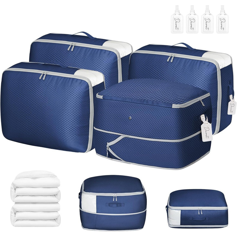 Ensemble de 4 sacs de rangement pour édredon - Organisateur de rangement à compression de grande capacité pour couvertures, literie, oreillers, couettes avec fenêtre à fermeture à glissière et poignées renforcées