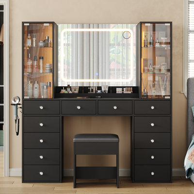 Makeup Vanity With Charging Station, Vanity Desk With LED Mirror & 2 Glass Cabinet, 3 Color Modes, Brightness Adjustable, 12 Drawers Vanity Set With G