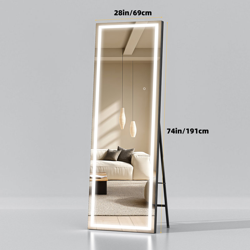 Modern & Contemporary Lighted Full Length Mirror with Temepered Glass & 3 Years Warranty, Matte Black, 74" x 32"
