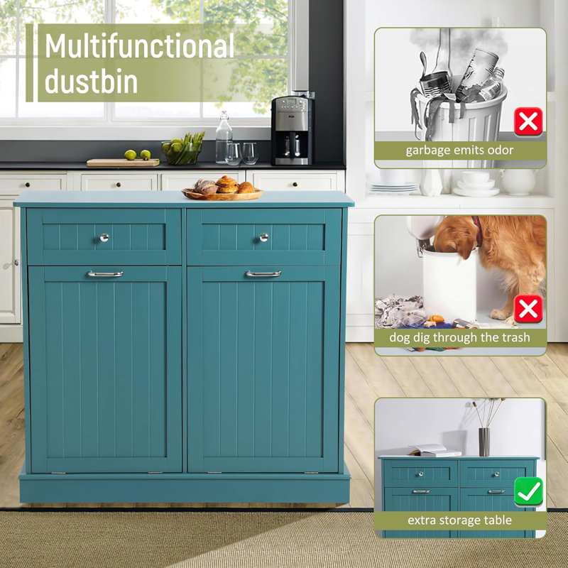 Armoire à ordures inclinable avec double support de poubelle cachée. Bleu sarcelle