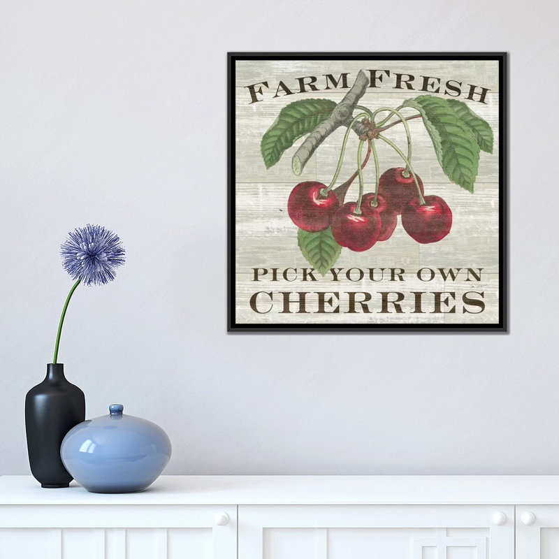 « farm cerises », impression sur toile tendue, H 18 po x l 18 po x P 1,5 po, Toile encadrée noire, Pas de tapis