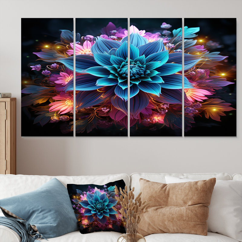 «Turquoise Flower Explosion», art mural floral abstrait, 4 pièces, H 28 po x l 48 po