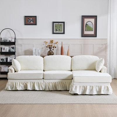 Modern Sectional Sofa With Removable Ruffled Pleated Skirt, Chenille Cloud Sofa, Ottoman And Flared Arms, 4-Seat L-Shaped Fabric Sofa