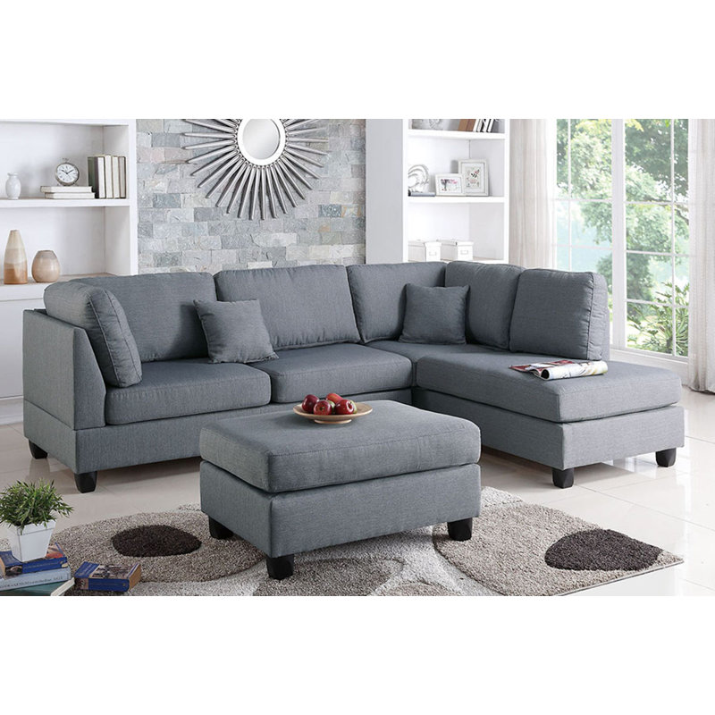 Trusha Upholstered L-Shaped Sectional Reversible, Gray Polyester Blend
