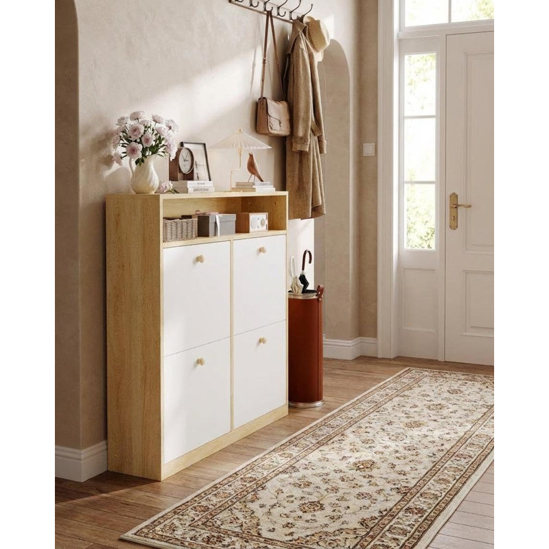 Étagère à chaussures étroite avec 4 tiroirs rabattables et tablette ouverte, range-chaussures autoportant en bois avec tablettes pour pantoufles et espadrilles