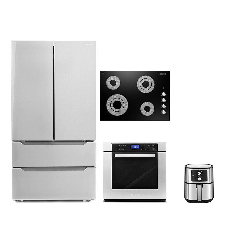 4 Piece Kitchen Appliance Package with 30" Electric Cooktop 30" Single Electric Wall Oven 5.5L Electric Hot Air Fryer &  French Door Refrigerator Cosmo