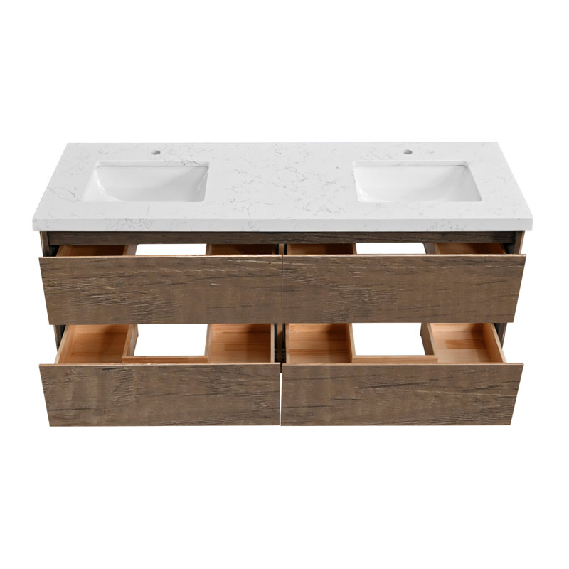 Wall-Mounted Bath Vanity With Engineered Marble Top, Antique Oak, 60"
