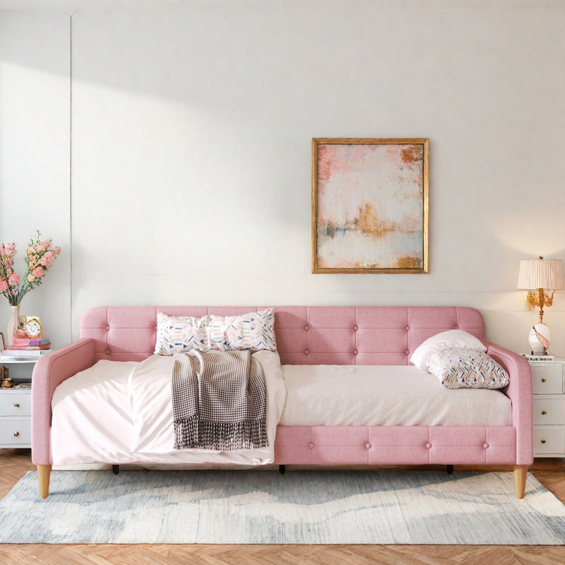 Lit de jour moderne rembourré avec 4 pieds de soutien et capitonnage à boutons, Simple, Rose