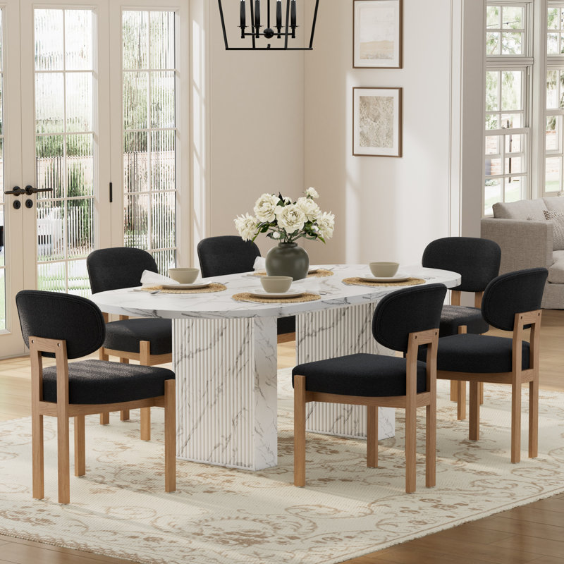 Oval Double Pedestal Kitchen Table Sets, 7 Pieces: Table, 6 Chairs, Black