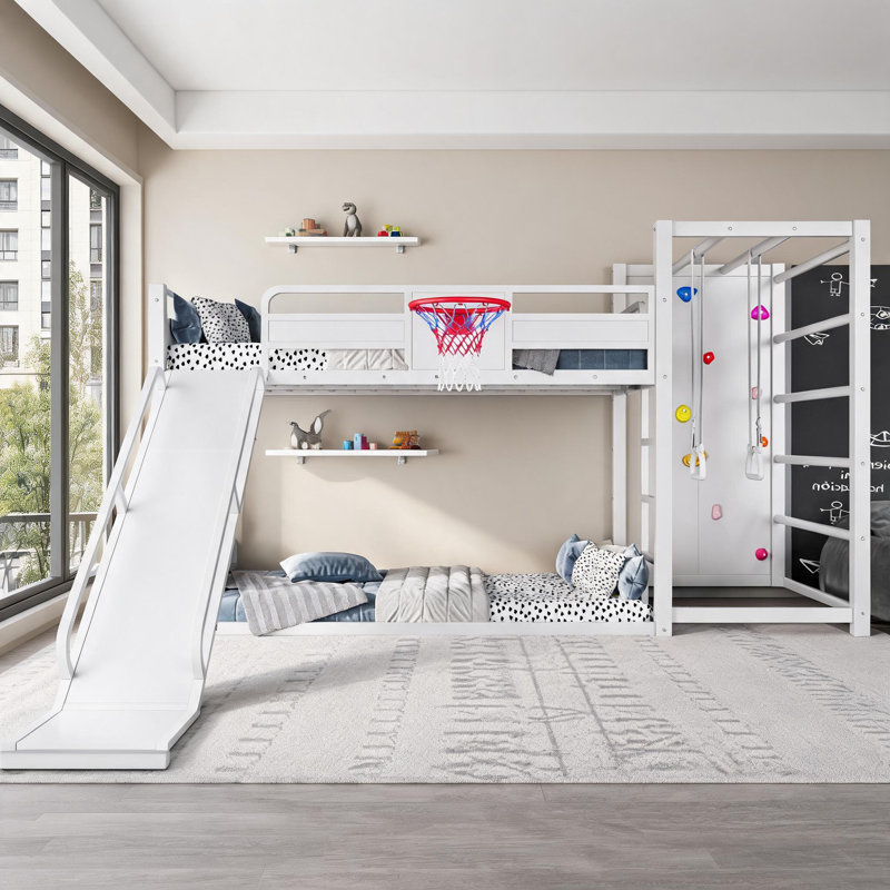 Structure de lit mezzanine multifonctionnelle pour enfants avec lit simple en métal, blanc classique et caractéristiques récréatives intégrées