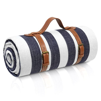 Waterproof Extra Large Picnic Blanket for 6 to 8 Adults, 3-Layer, (Blue & White)