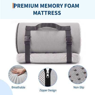 Matelas de camping en mousse à mémoire de forme de 7,6 cm (3 po), matelas de couchage enroulable pour tente/voiture/camping-car - Lit d'appoint portatif, housse de lit de camp - 183 x 61 x 7,6 cm (72 x 24 x 3 po), gris