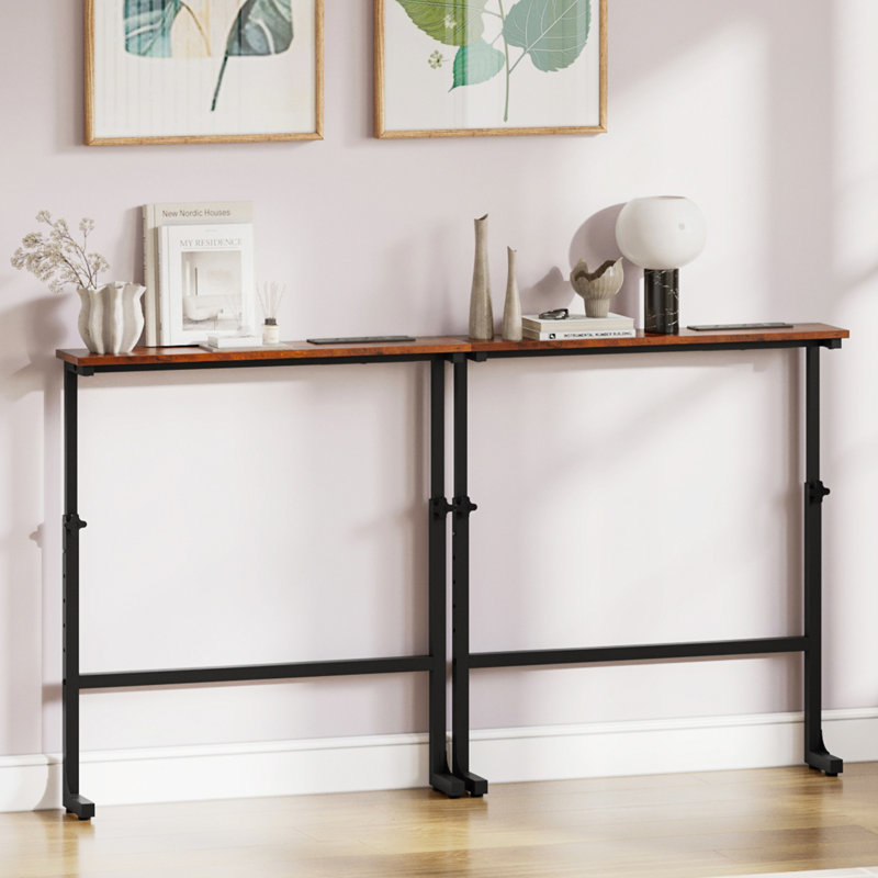 2 Pack Slim Console Table, Adjustable Behind Sofa Table With Charging Station For Hallway, Entryway, Living Room, Brown Wood
