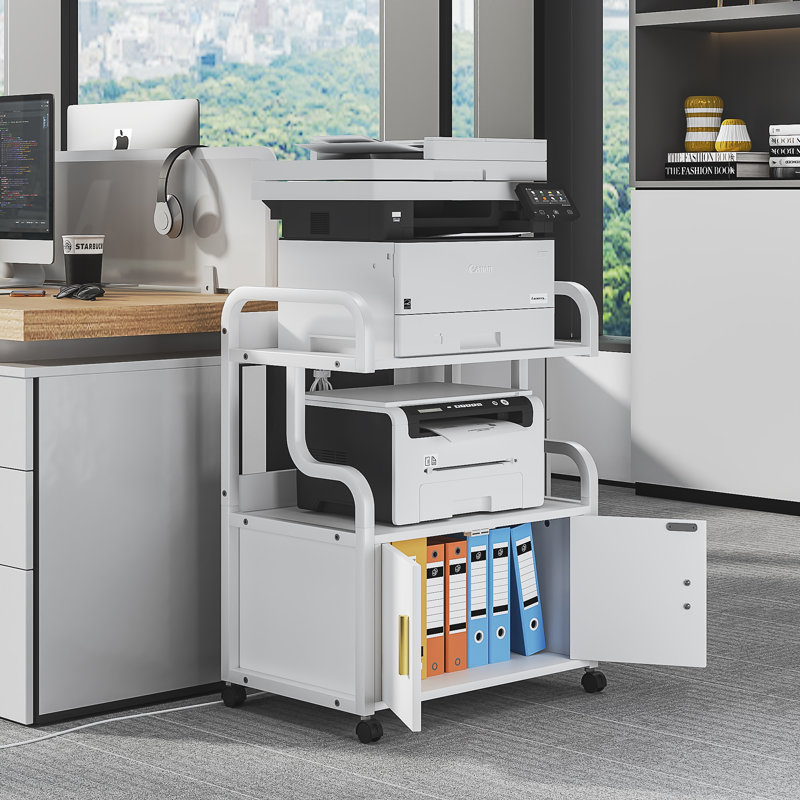 2 Tier Large Printer Stand With Cabinet Power Outlet, Printer Table With Storage Shelf, Rolling Printer Cart With Wheels For Home Office