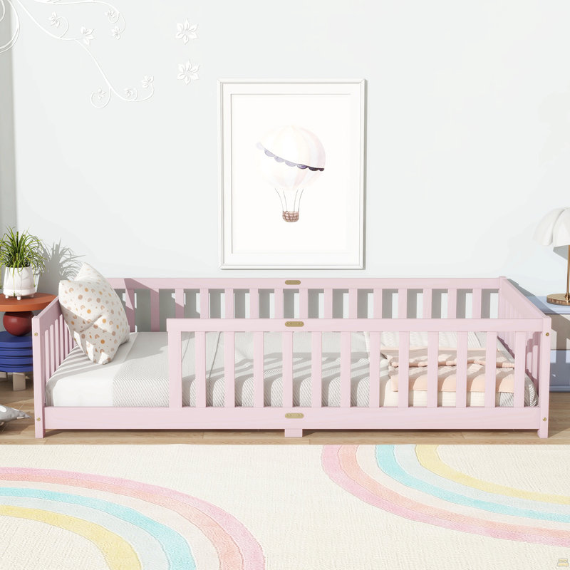 Lit simple au sol avec clôture sans porte, lit en bois d'hévéa, Rose