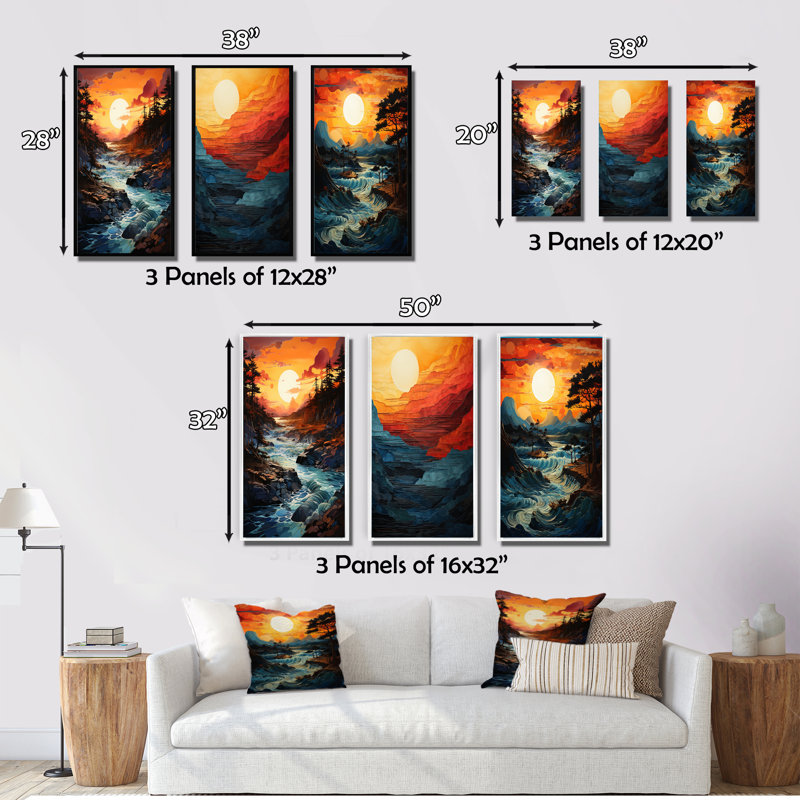 «Sunset Ocean Horizons», 3 pièces sur toile, Cadre noir, H 20 po x l 12 po