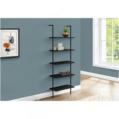 Bookshelf, Bookcase, Etagere, Ladder, 5 Tier, 72"H, Office, Bedroom, Black Laminate, Black Metal, Contemporary, Modern