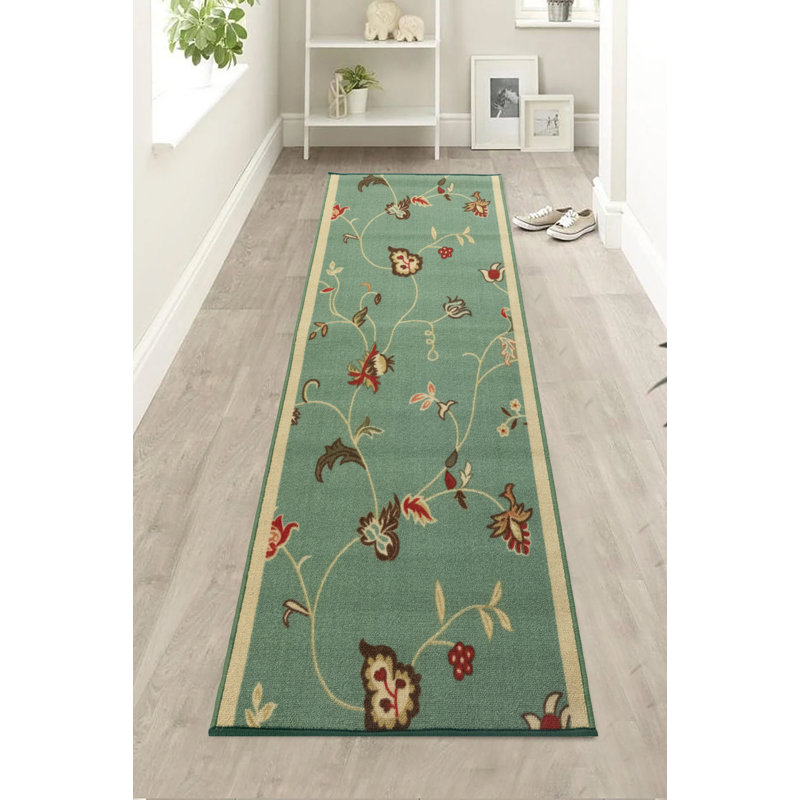 Custom Size Runner Rug Floral Scroll Green Low Pile Slip Resistant Runner Rugs by Feet, Runner 3' x 39'