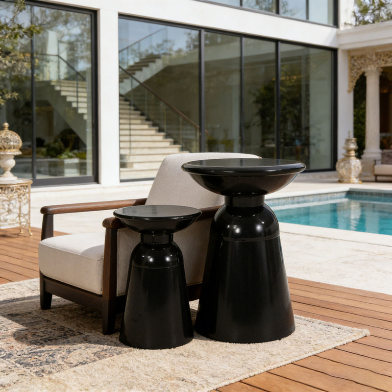 Tables d'appoint d'extérieur en fer avec design évasé, Noir, 2