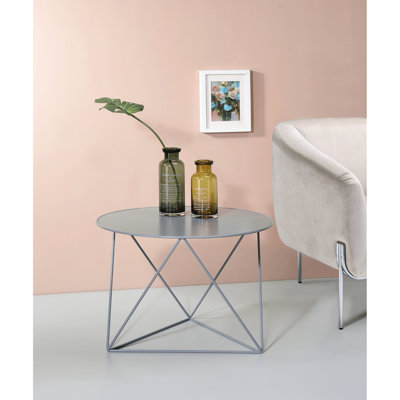 Table grise en métal pour tout espace, avec plateau de table rond et pieds triangulaires
