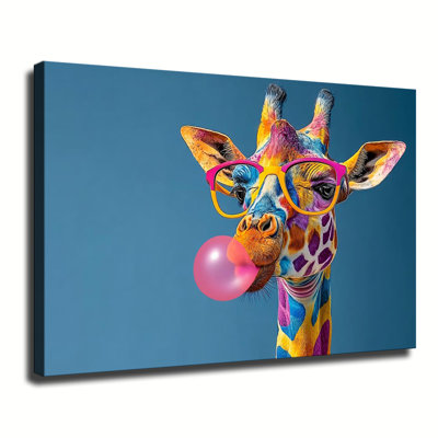 Tableau sur toile encadrée, prêt à accrocher, représentant une girafe à l'esprit bubble-gum, pour salon, chambre ou décoration intérieure.