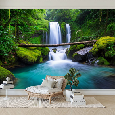 Peel and Stick Wallpaper 96" W x 69" H Modern Self Adhesive Wall Mural for Bedroom beautiful waterfall green forest jungle