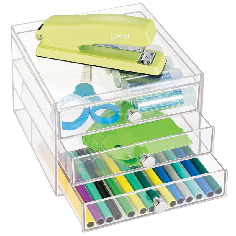 Clear Plastic 3-Drawer Slim Desk Organizer with Chrome Knobs