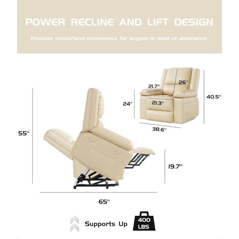Power Lift Recliner, PU Leather Electric Lift Chair Designed For The Elderly And People With Mobility Impaired, Beige