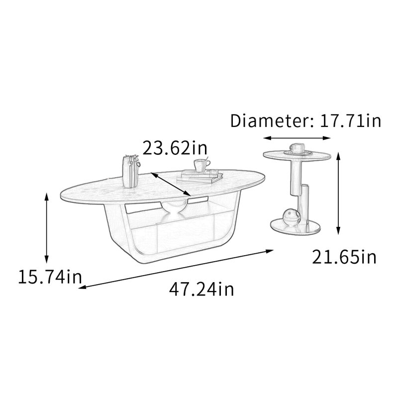 Ensemble de tables basses ovales en bois avec tiroir Retro, H 15,74 po x L 47,24 po x l 23,62 po