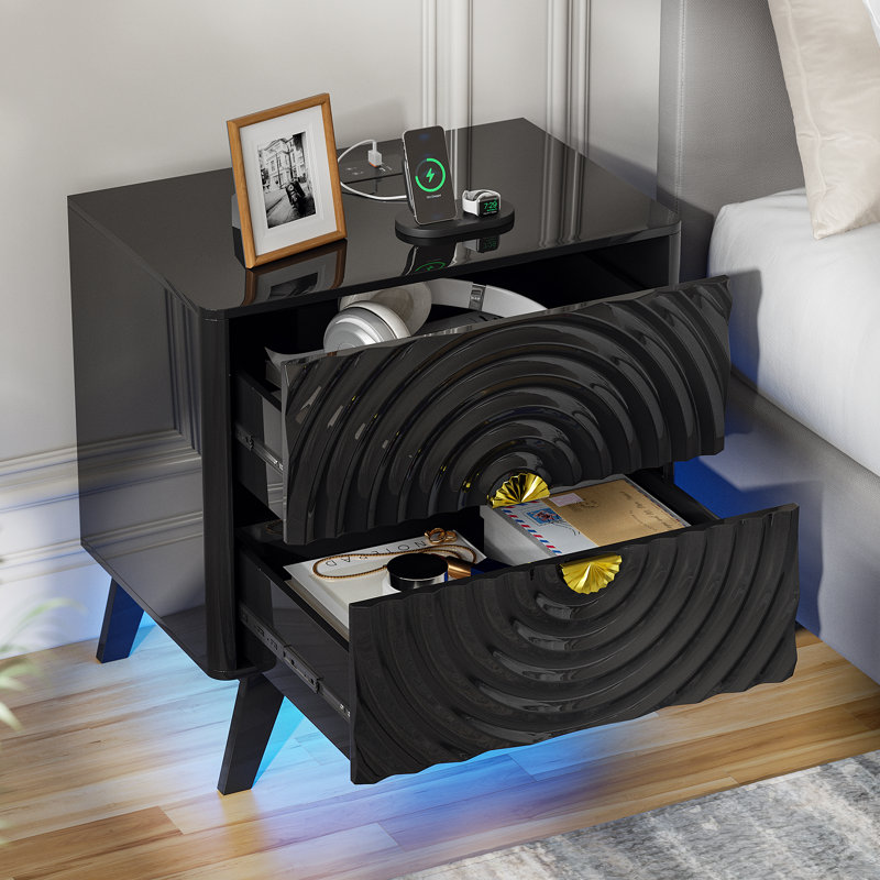 23.6'' W 2-Drawer Nightstand With Built-In Outlets And Human Sensor Light, Black
