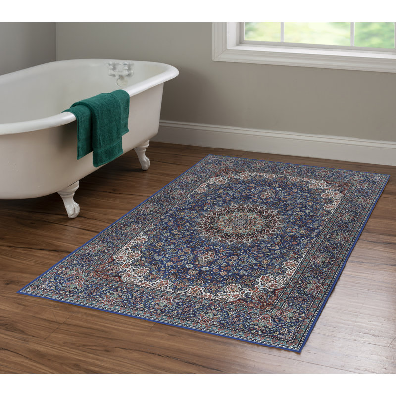 Breedlove Traditional Machine Woven Flatweave Blue and Ivory Area Rug with Non Skid Backing, Rectangle 6'7" x 9'7"