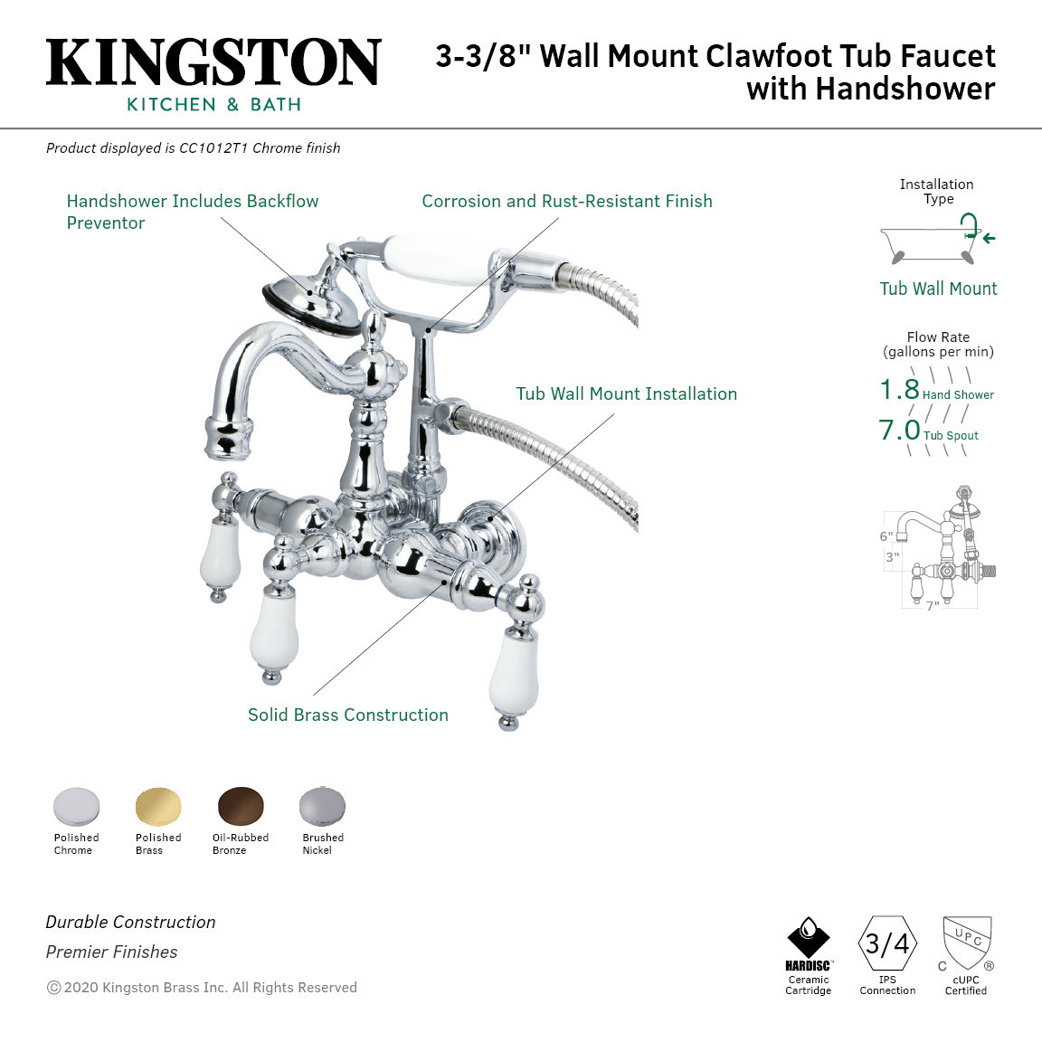 Kingston Brass Vintage Three-Handle 2-Hole Tub Wall Mount Clawfoot Tub ...
