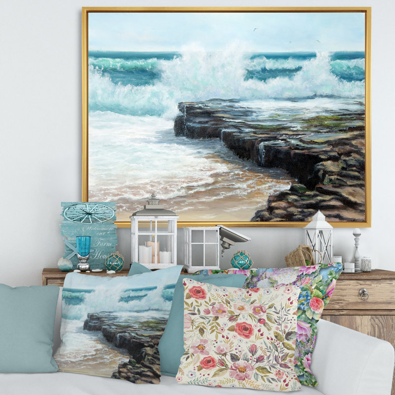 Wild Waves Breaking on the Shore - Peinture sur toile à cadre flottant, Toile encadrée d'or, H 30 po x l 40 po x 1,5 po