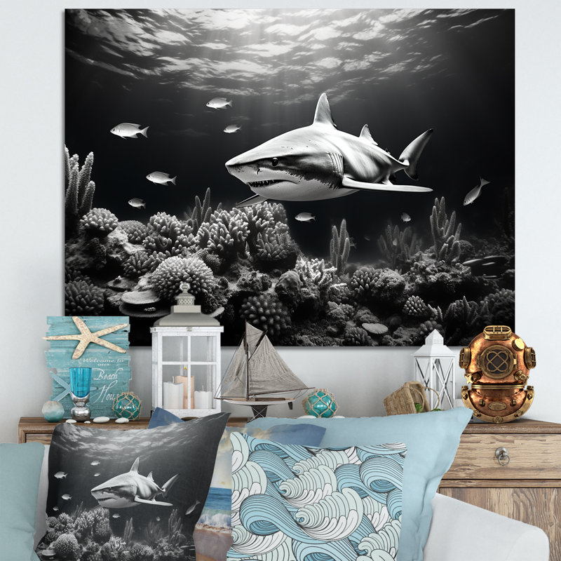 " Black And White Shark S Graceful Glide ", Wrapped Canvas, 16" H x 32" W x 1" D