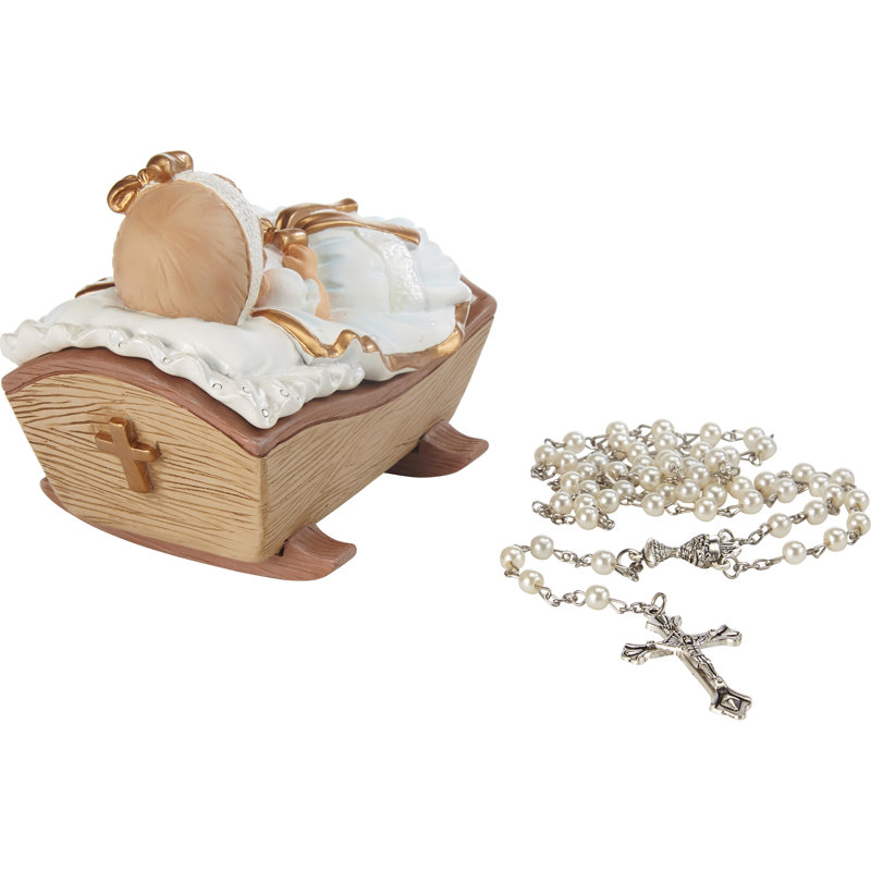 Precious Moments Baby in Cradle Baptism 2-Piece Rosary and Covered Trinket Box Set 3 Inch