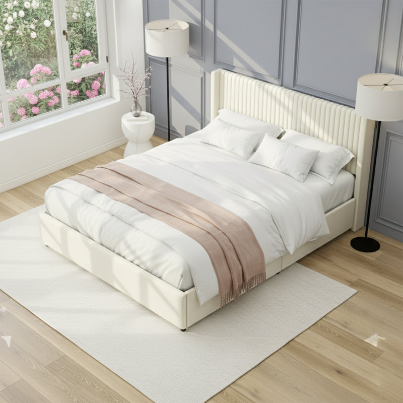 Grand lit plateforme en velours avec 2 tiroirs de rangement et tête de lit à oreilles capitonnée Channel - Ivoire