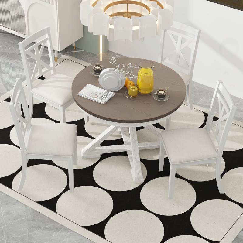 Ensemble de table de salle à manger extensible 5 pièces et 4 chaises rembourrées, Blanc antique, Brun / blanc antique