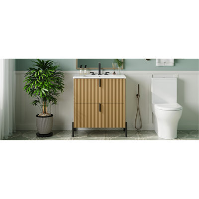 Meuble-lavabo de 30 pouces avec lavabo en céramique, deux tiroirs divisés et glissières de tiroir à fermeture en douceur pour une organisation optimale avec un système, des salles de bain de style Mid-Century cannelées