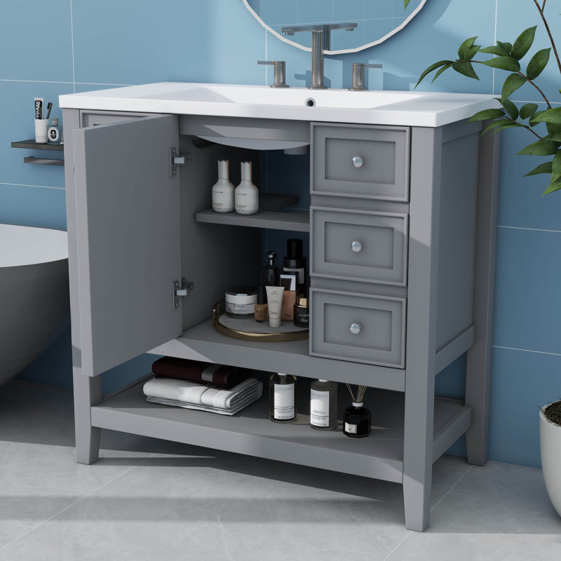 Ensemble de meuble-lavabo 36 po avec une armoire et trois tiroirs, Gris
