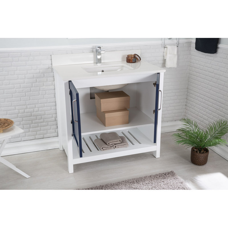 Ensemble de meuble-lavabo simple 35,4 po avec miroir Cerelly, Bleu foncé / Blanc