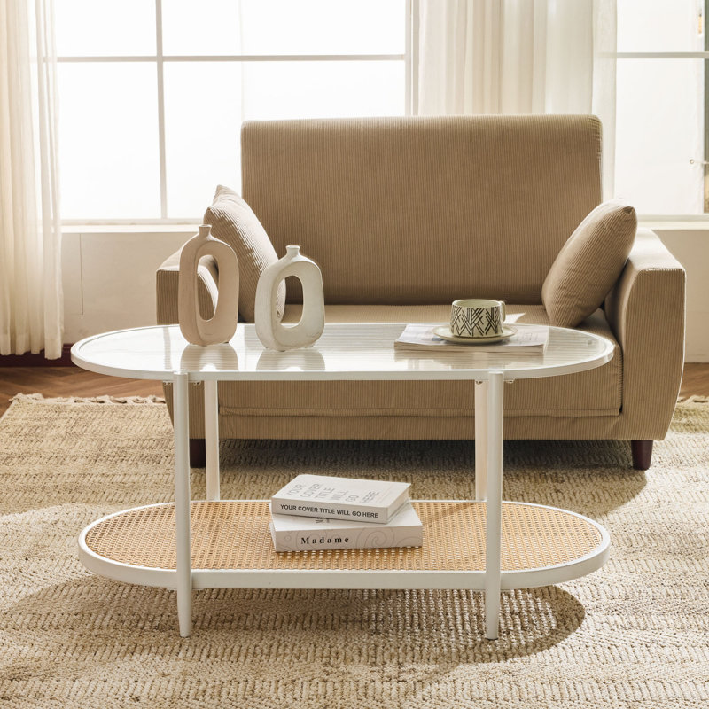Oval White Iron Frame Paired with Changhong Glass + PVC Woven Rattan Double-layer Coffee Table , White