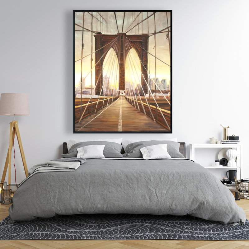 Coucher de soleil sur le pont de Brooklyn - pont, toile beige encadrée