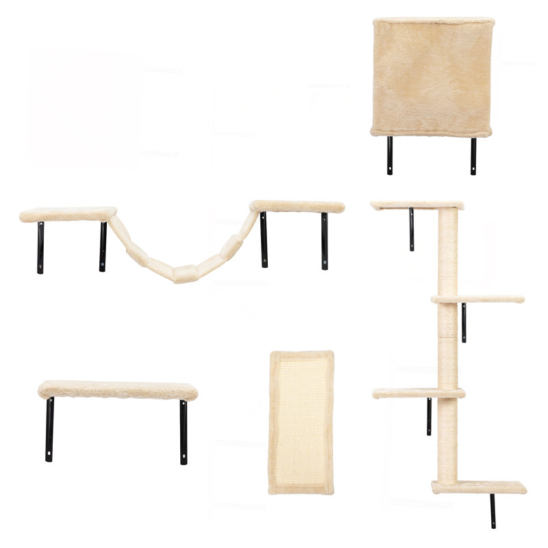 Ensemble de grimpeur mural 5 pièces, tablettes et perchoirs flottants pour chat, arbre pour chat avec poteaux à griffer, mobilier pour chat moderne, beige