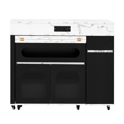 Extendable Dining Table With Extra-Long Folding Top, Rolling Kitchen Island With Drawers, Power Outlet And Brake Lock, Storage Cabinet For Kitchen And Dining Room (Black + Marble White)
