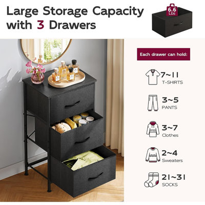 Petite commode à 3 tiroirs avec table de chevet intégrée, coffre de rangement en tissu noir anthracite et plateau en bois, meuble compact idéal pour la chambre, le dressing et la chambre d'enfant.